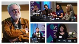 Collage depicting various speakers at the podium and table at the CURIOUS event.