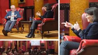 Collage of photos of Professor Joanna Wardlaw speaking with Professor James Leiper in front of a crowd.