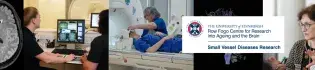 Collage of brain-related imagery, brain scan, people in MRI machine, Joanna Wardlaw teaching