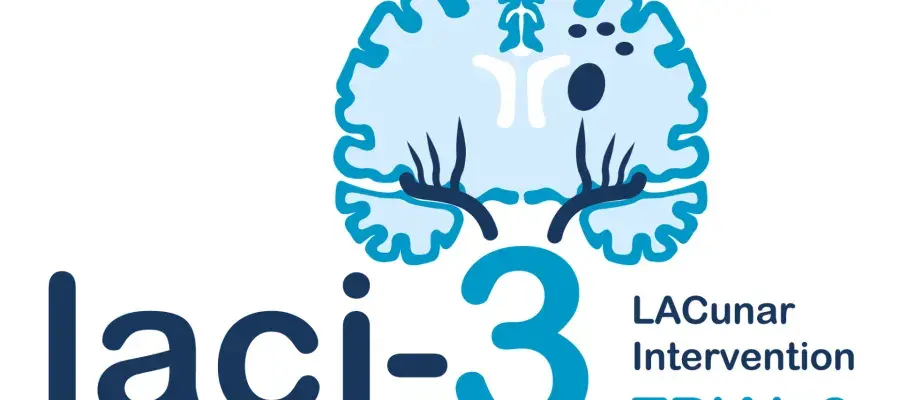 Blue logo of LACI-3 trial; brain with text reading "laci-3 LACunar Intervention TRIAL 3