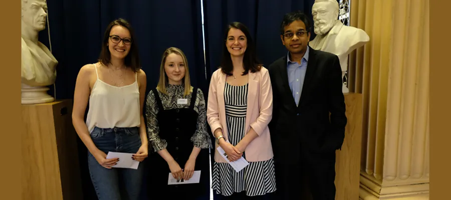Winners of the 2020 CCBS Three Minute Thesis competition Beth Waddington, Emily Ball and Shalandra Wood, with Prof Siddharthan Chandran