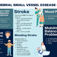 Blue background, images of older people and unwell people being cared for. Text reads "symptoms of cerebral small vessel disease"