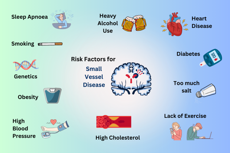 Bluck and green background, image of brain in middle, text reads "risk factors for Small Vessel Disease"