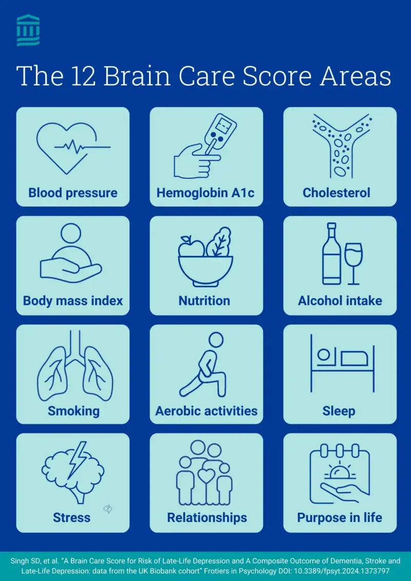 Blue diagram depicting various areas of brain health