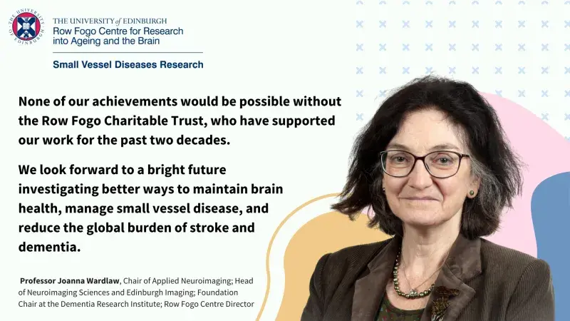 Photograph of Professor Wardlaw smiling with coloured blobs in background
