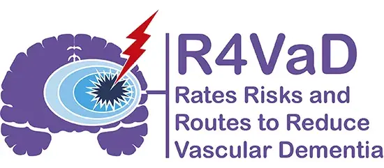 Purple, blue and red R4VaD logo: Rates, Risks and Routes to Reduce Vascular Dementia