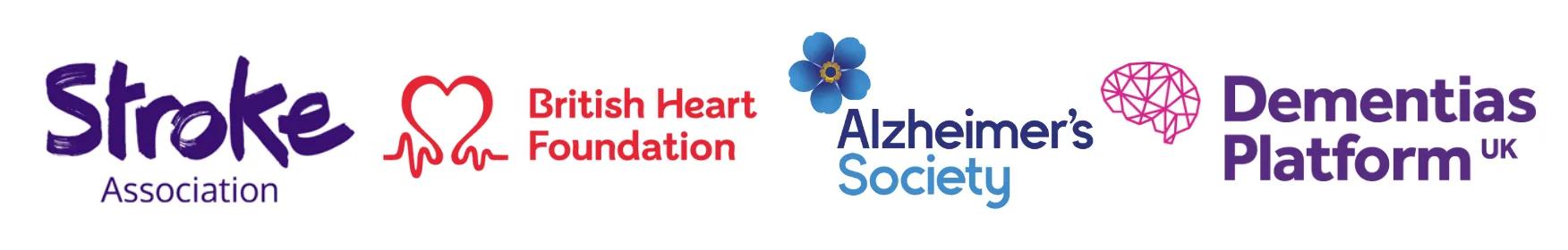 Logos for: Stroke Association, BHF, Alzheimer's Society, DPUK