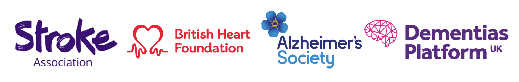 Logos for: Stroke Association, BHF, Alzheimer's Society, DPUK